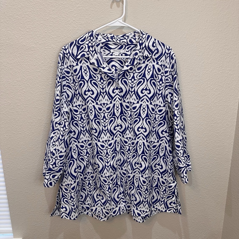 Chicos Blue White Tunic Button Up Blouse Top Sz 14 3/4 Sleeve Geometric Cotton